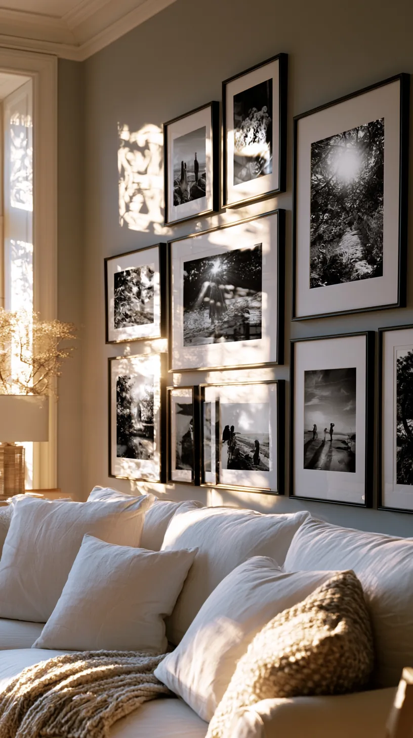 a black and white photo grid on a grey and white living room wall, photo 3 of 4