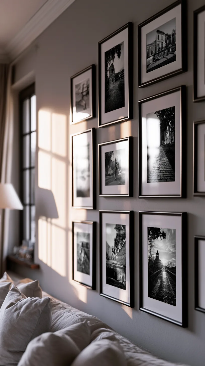 a black and white photo grid on a grey and white living room wall, photo 4 of 4
