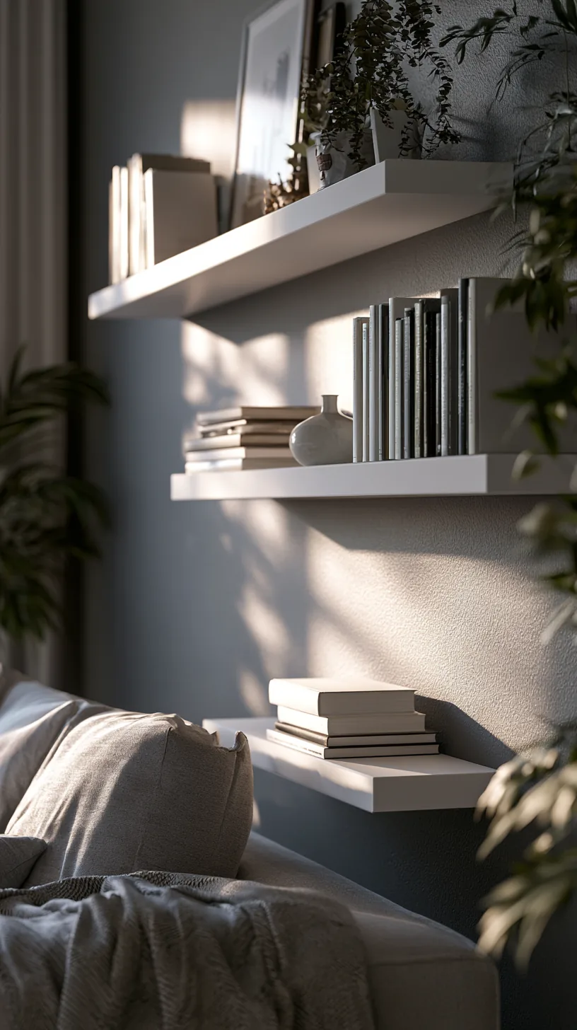 white floating shelves styled with decor in a grey and white living room, photo 1 of 4