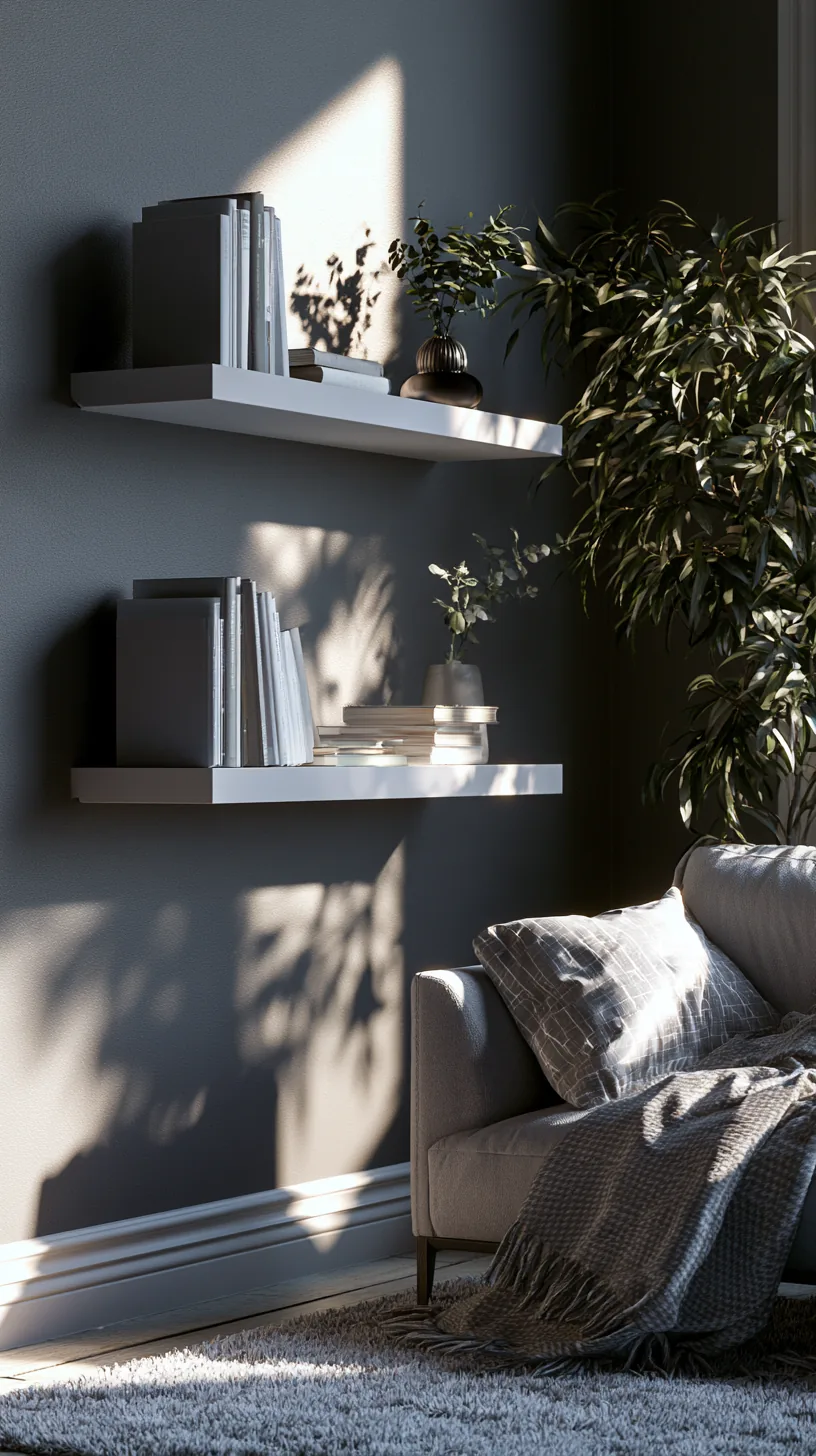 white floating shelves styled with decor in a grey and white living room, photo 2 of 4