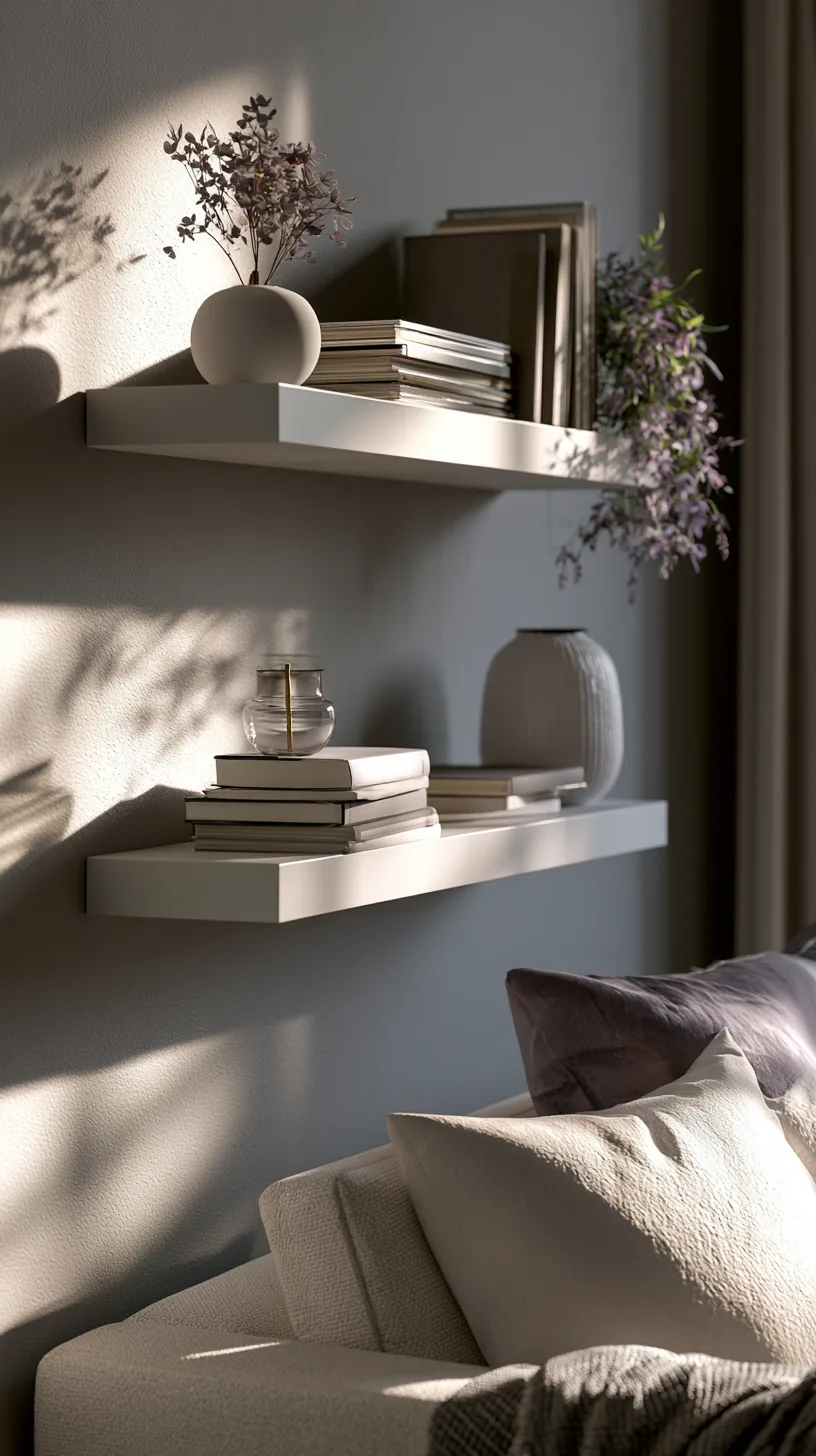 white floating shelves styled with decor in a grey and white living room, photo 3 of 4