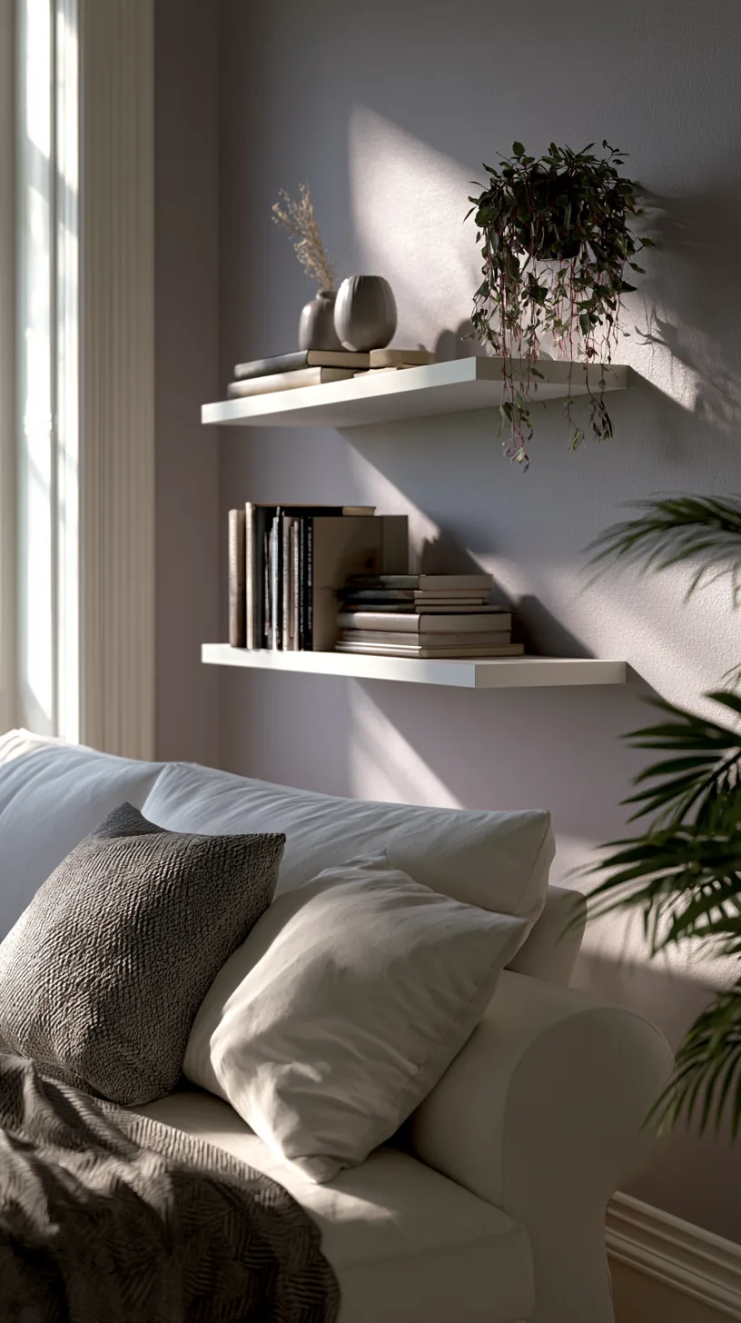 white floating shelves styled with decor in a grey and white living room, photo 4 of 4