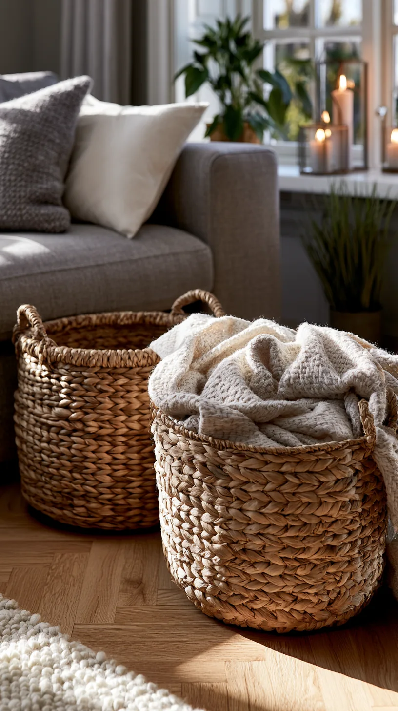 a cluster of woven baskets warming up a grey and white living room wall, photo 1 of 4