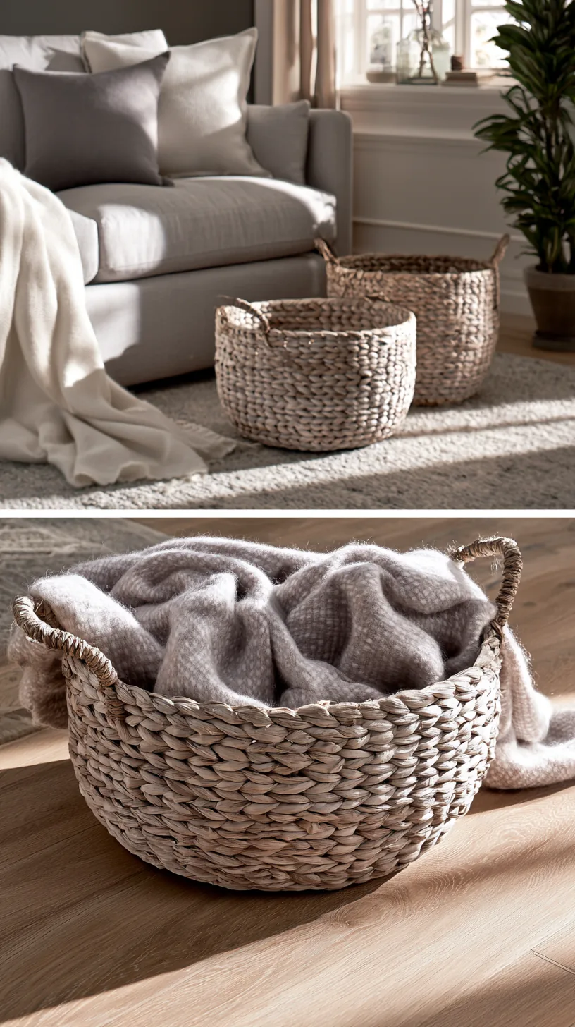 a cluster of woven baskets warming up a grey and white living room wall, photo 2 of 4