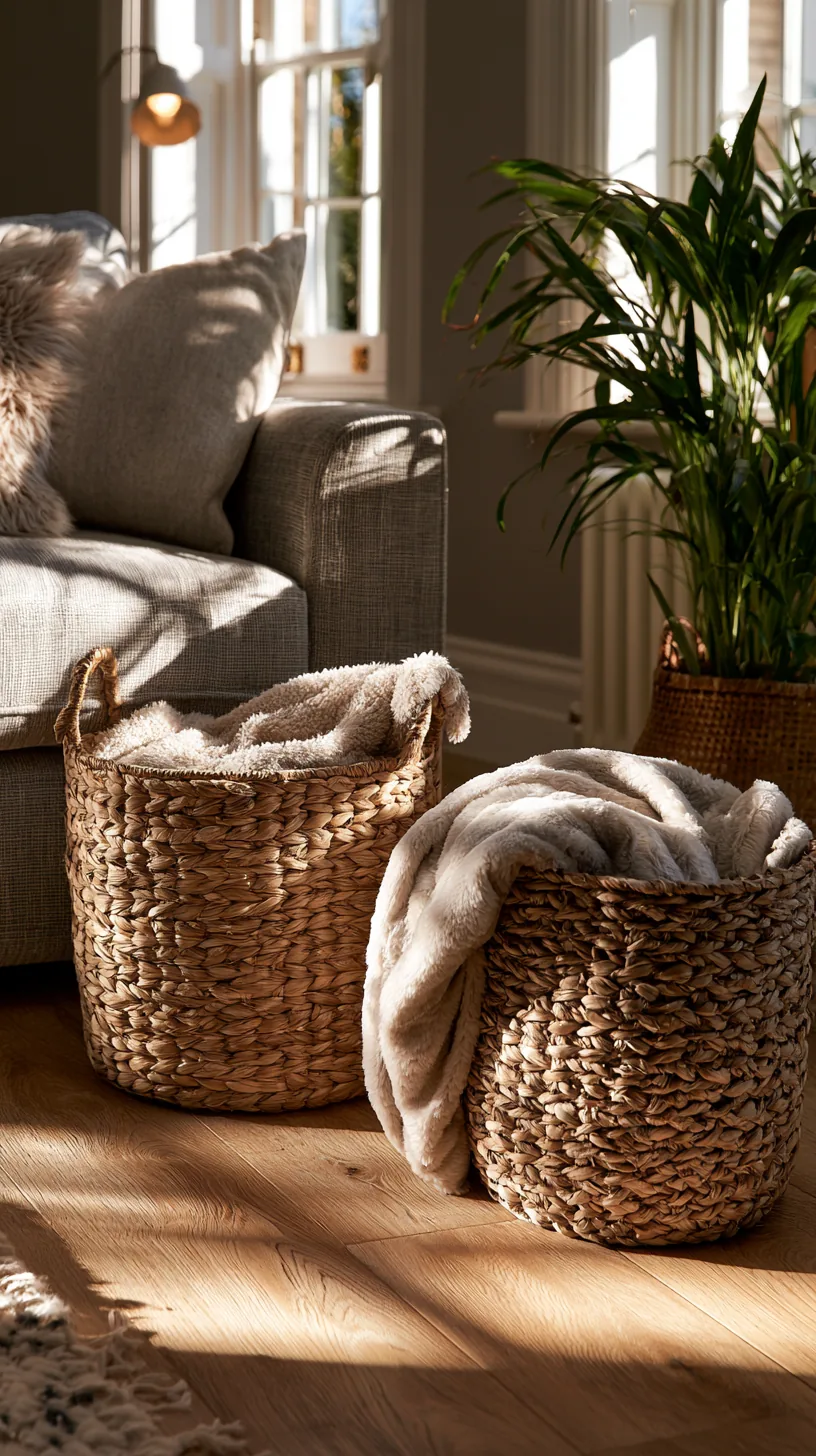a cluster of woven baskets warming up a grey and white living room wall, photo 3 of 4