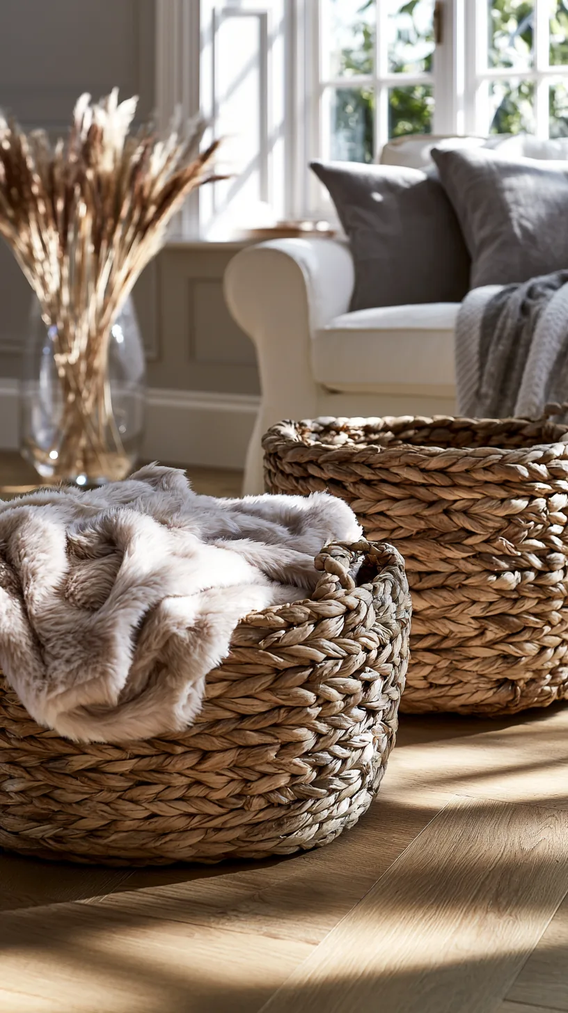 a cluster of woven baskets warming up a grey and white living room wall, photo 4 of 4