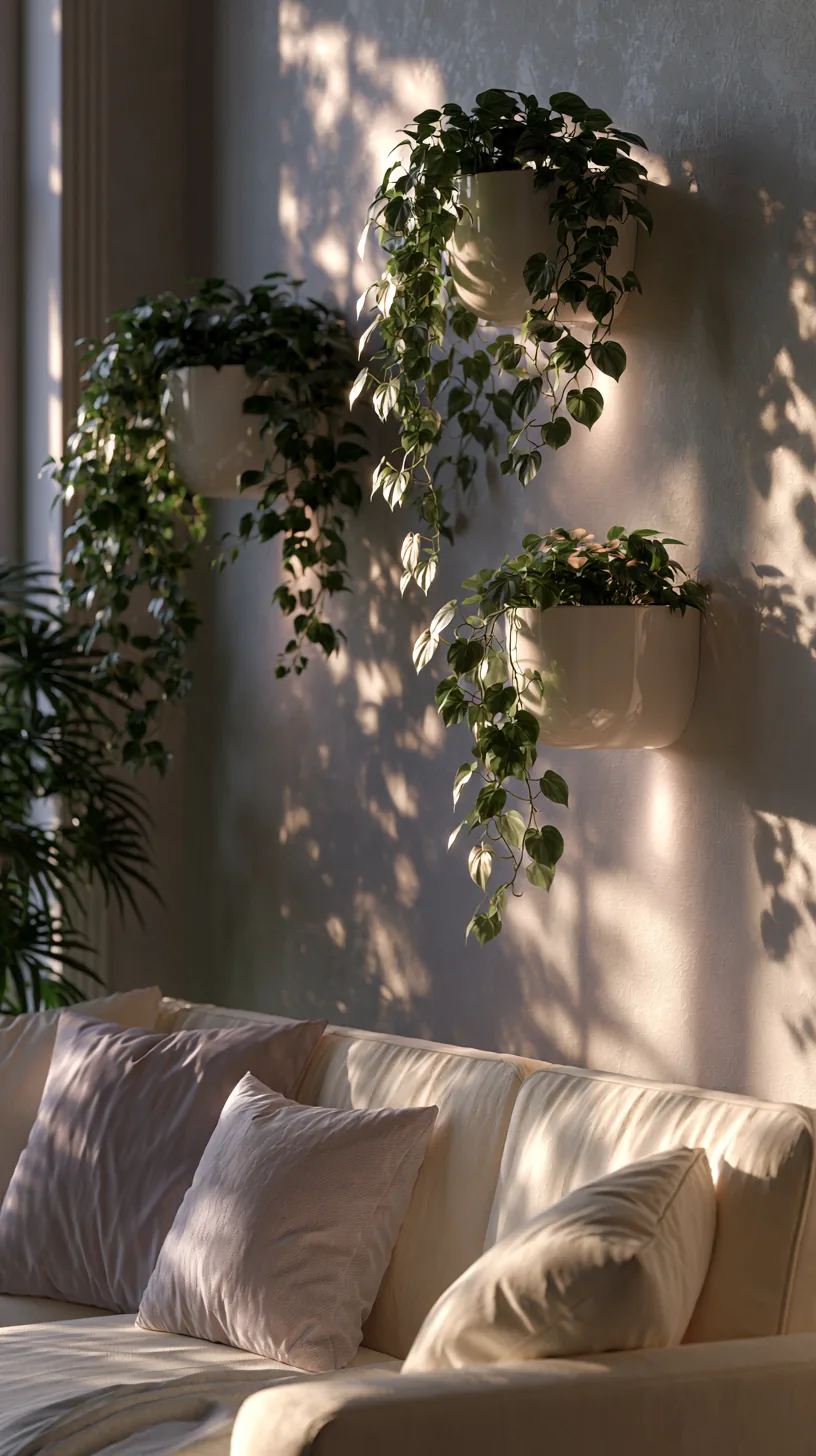 wall mounted planters with trailing greenery in a grey and white living room, photo 1 of 4