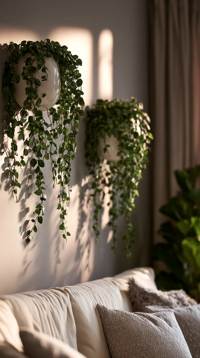 wall mounted planters with trailing greenery in a grey and white living room, photo 2 of 4