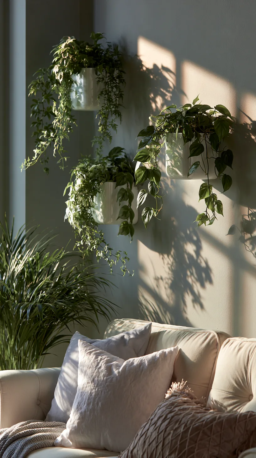 wall mounted planters with trailing greenery in a grey and white living room, photo 3 of 4