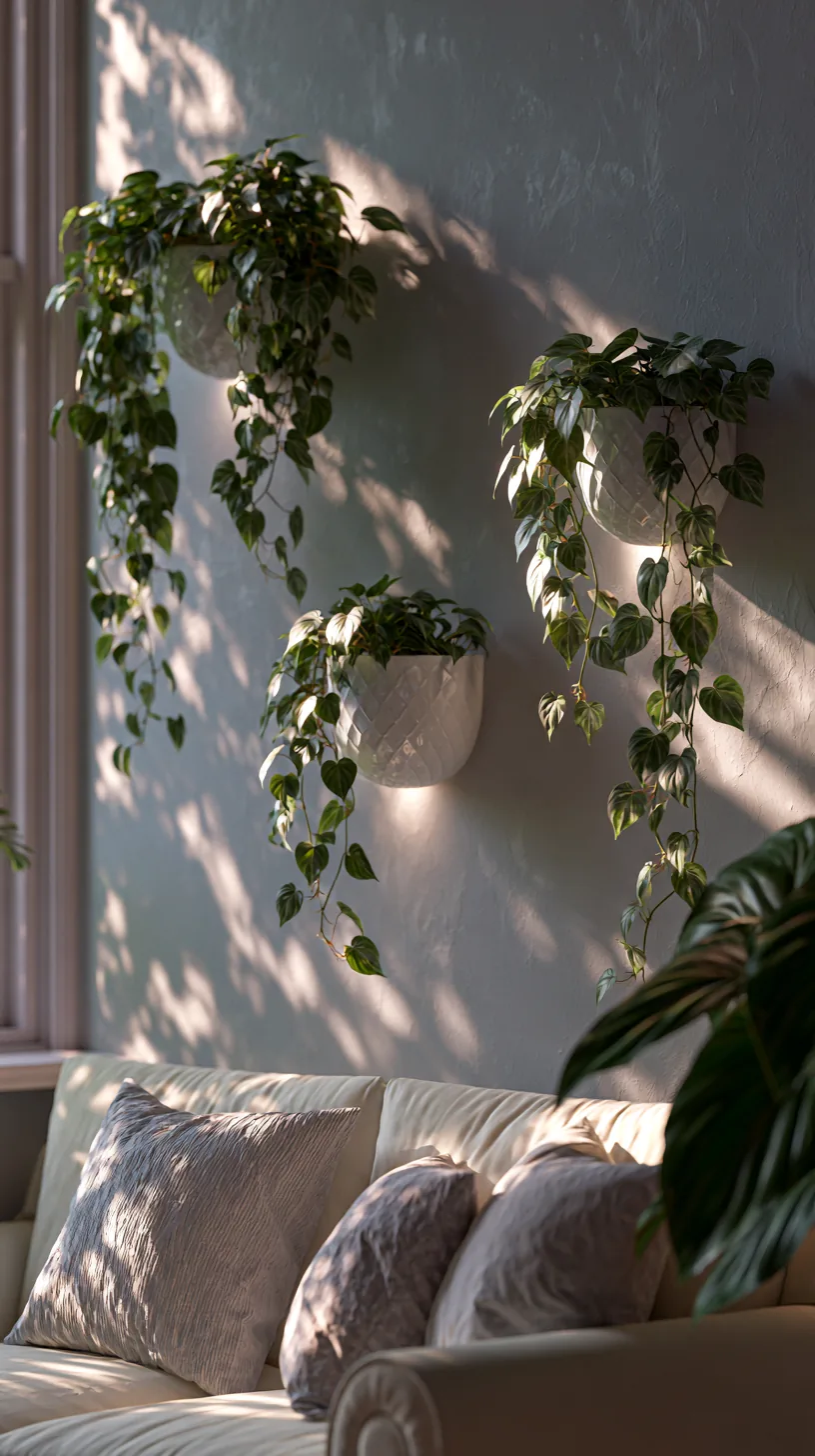 wall mounted planters with trailing greenery in a grey and white living room, photo 4 of 4