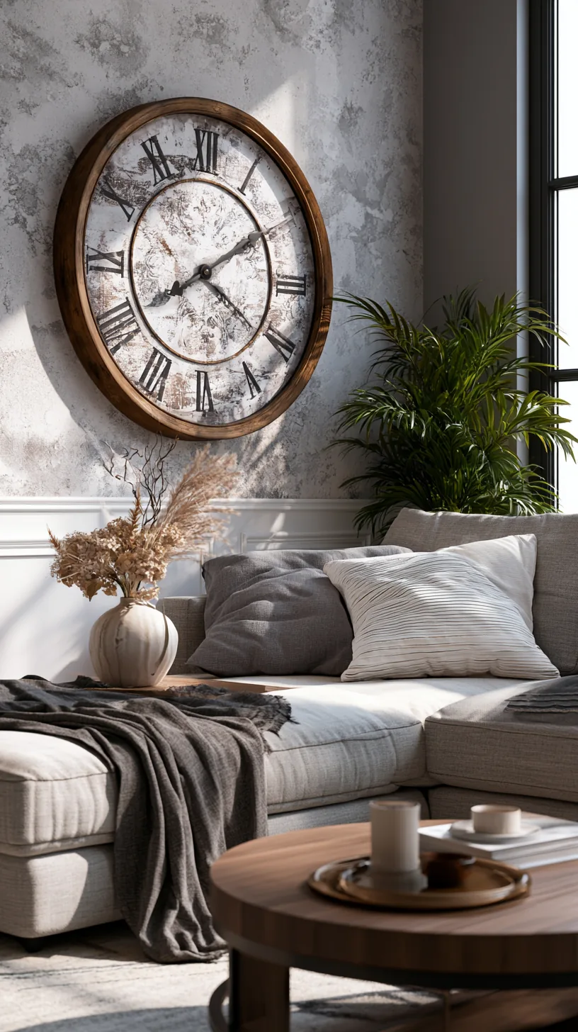 a large decorative wall clock anchoring a grey and white living room wall, photo 1 of 4