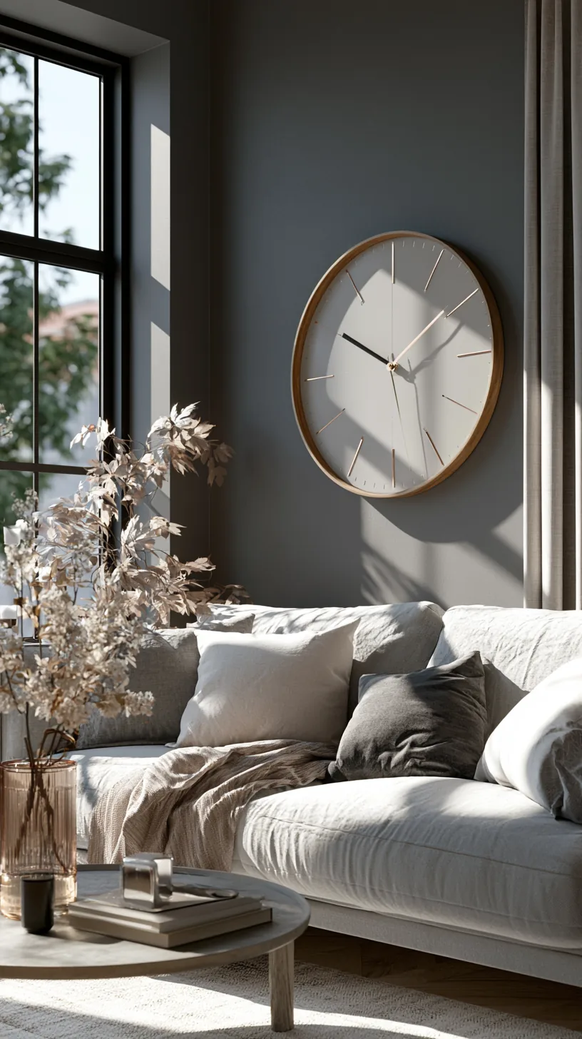 a large decorative wall clock anchoring a grey and white living room wall, photo 2 of 4