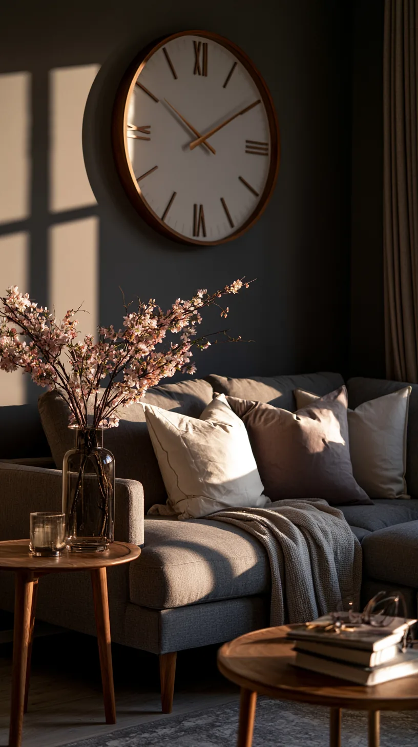 a large decorative wall clock anchoring a grey and white living room wall, photo 3 of 4