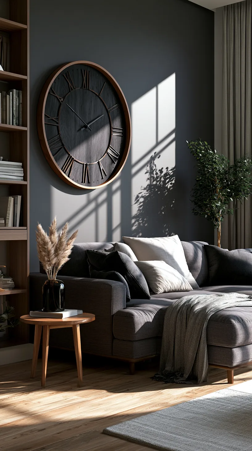 a large decorative wall clock anchoring a grey and white living room wall, photo 4 of 4
