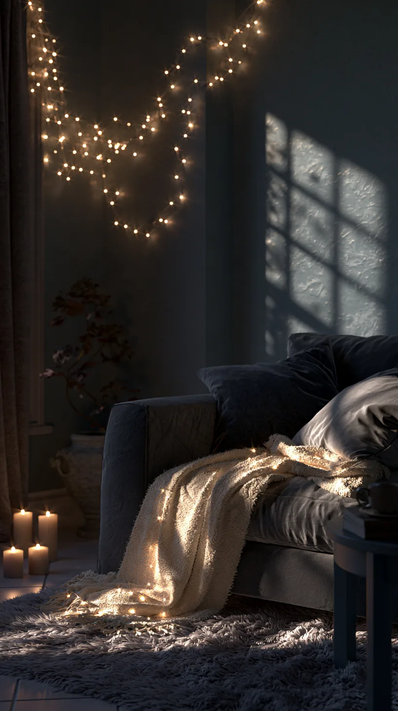 warm white string lights adding a soft glow to a grey and white living room, photo 1 of 4