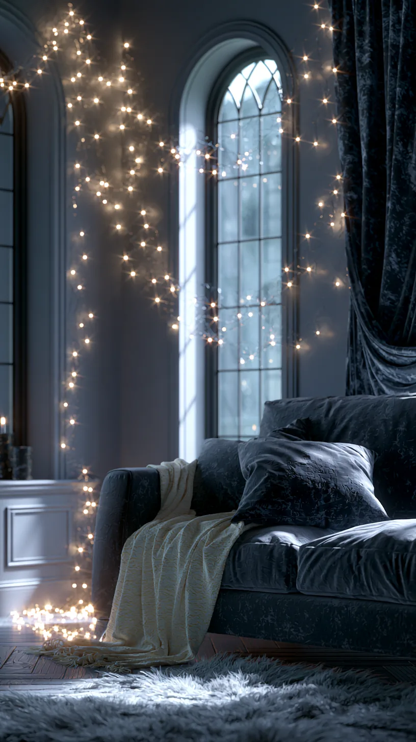 warm white string lights adding a soft glow to a grey and white living room, photo 2 of 4
