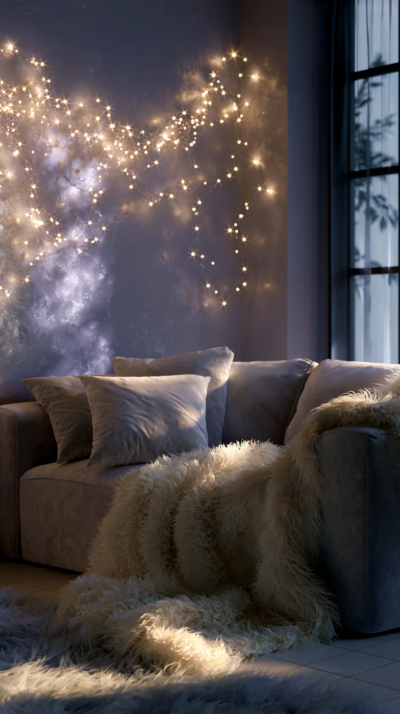 warm white string lights adding a soft glow to a grey and white living room, photo 3 of 4