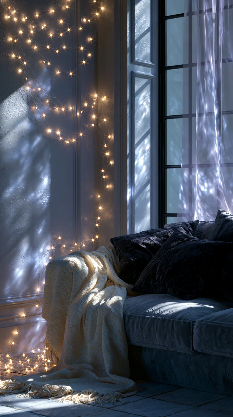 warm white string lights adding a soft glow to a grey and white living room, photo 4 of 4
