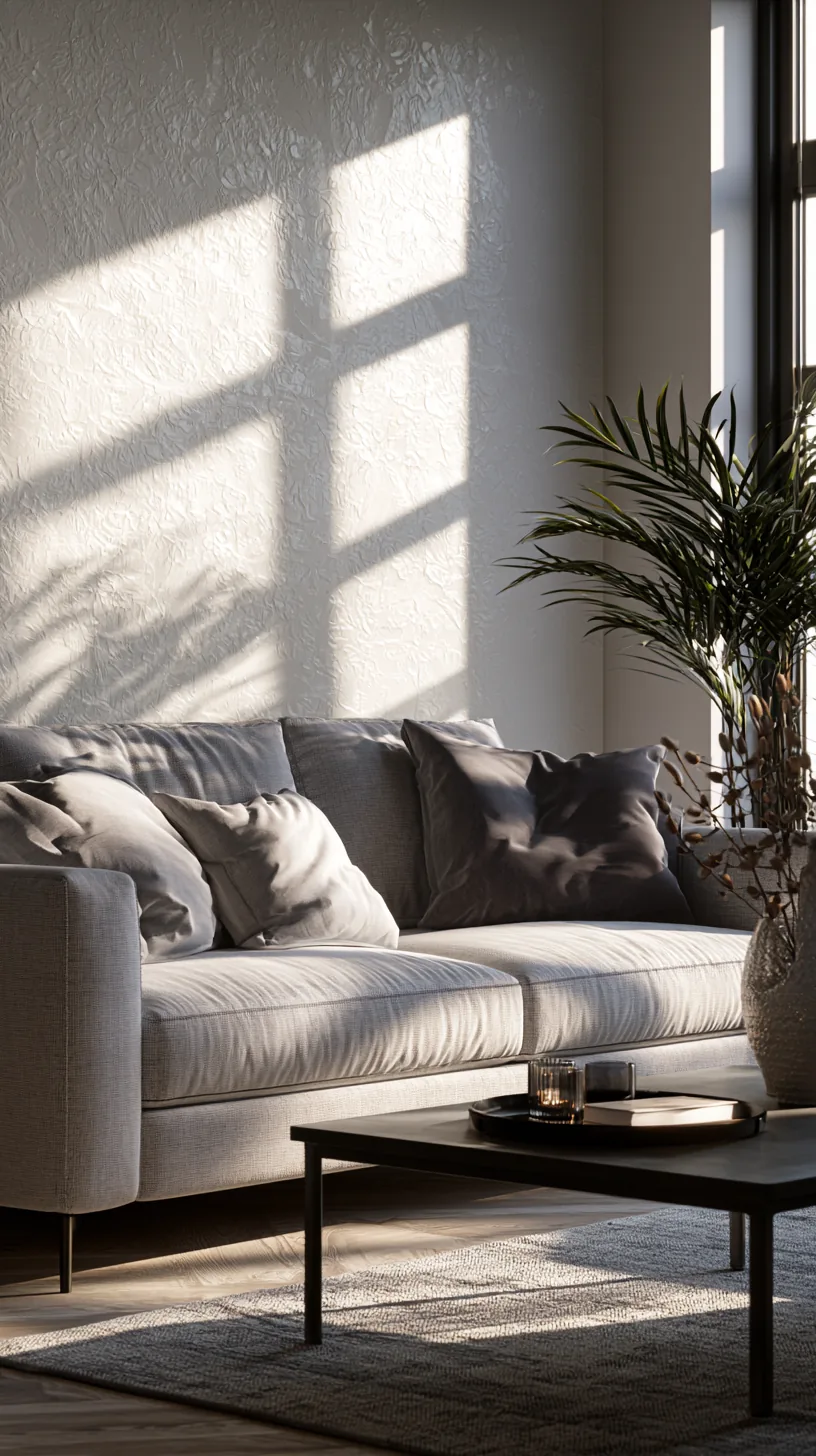 a framed grasscloth textured panel in a grey and white living room, photo 1 of 4