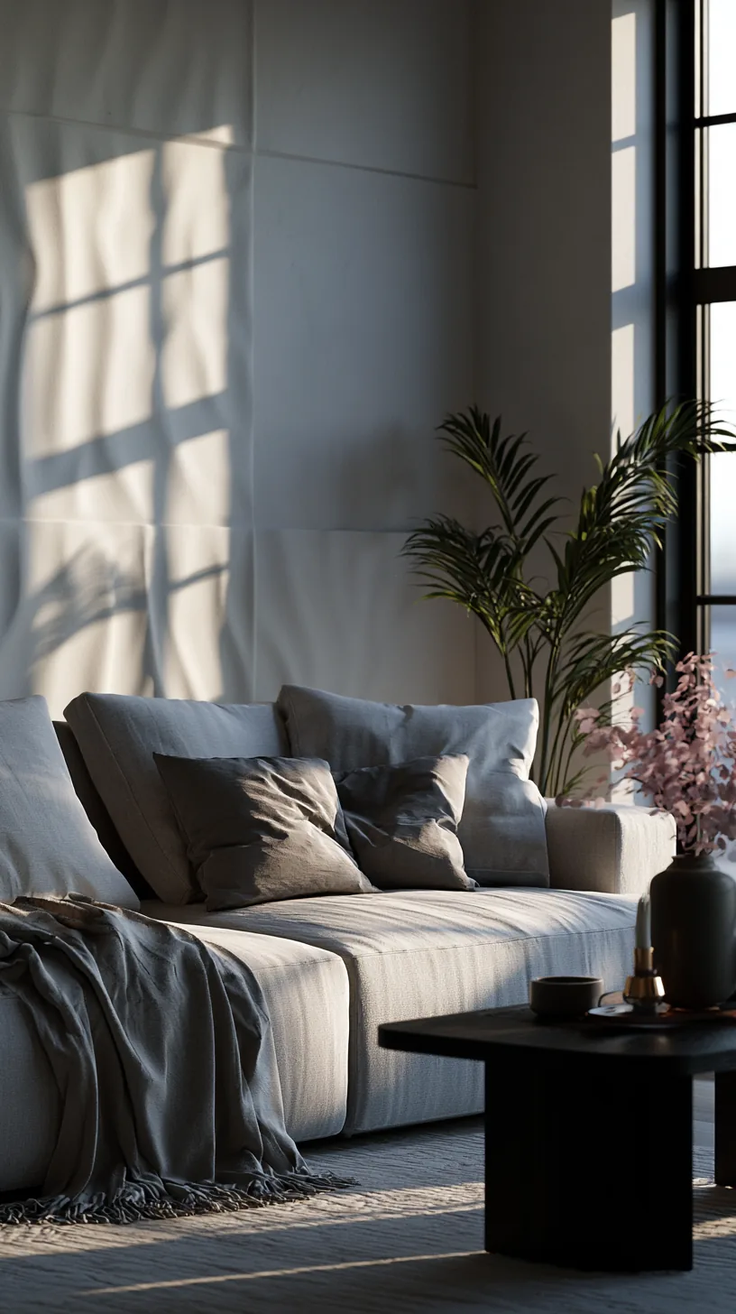 a framed grasscloth textured panel in a grey and white living room, photo 2 of 4