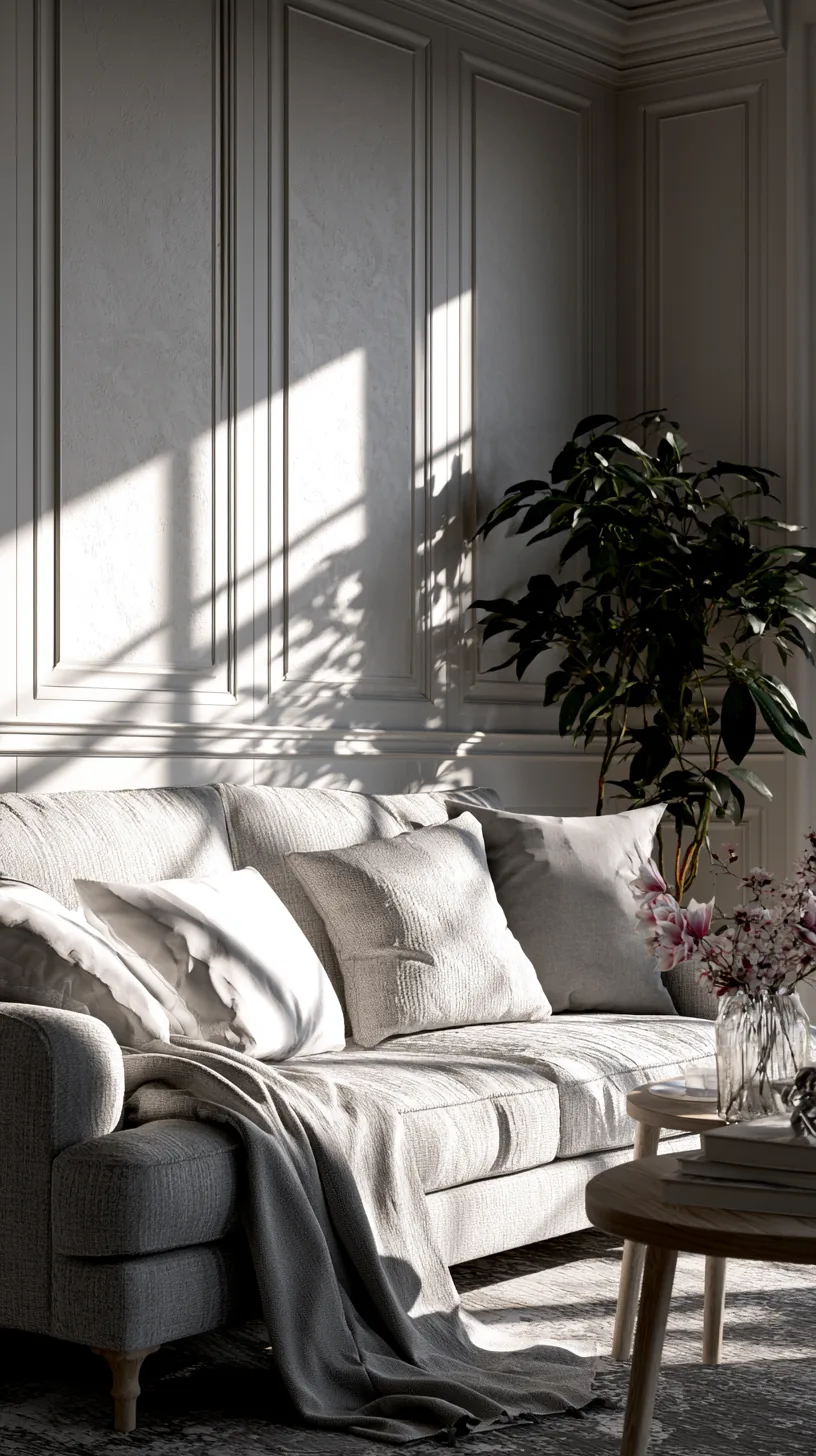 a framed grasscloth textured panel in a grey and white living room, photo 3 of 4