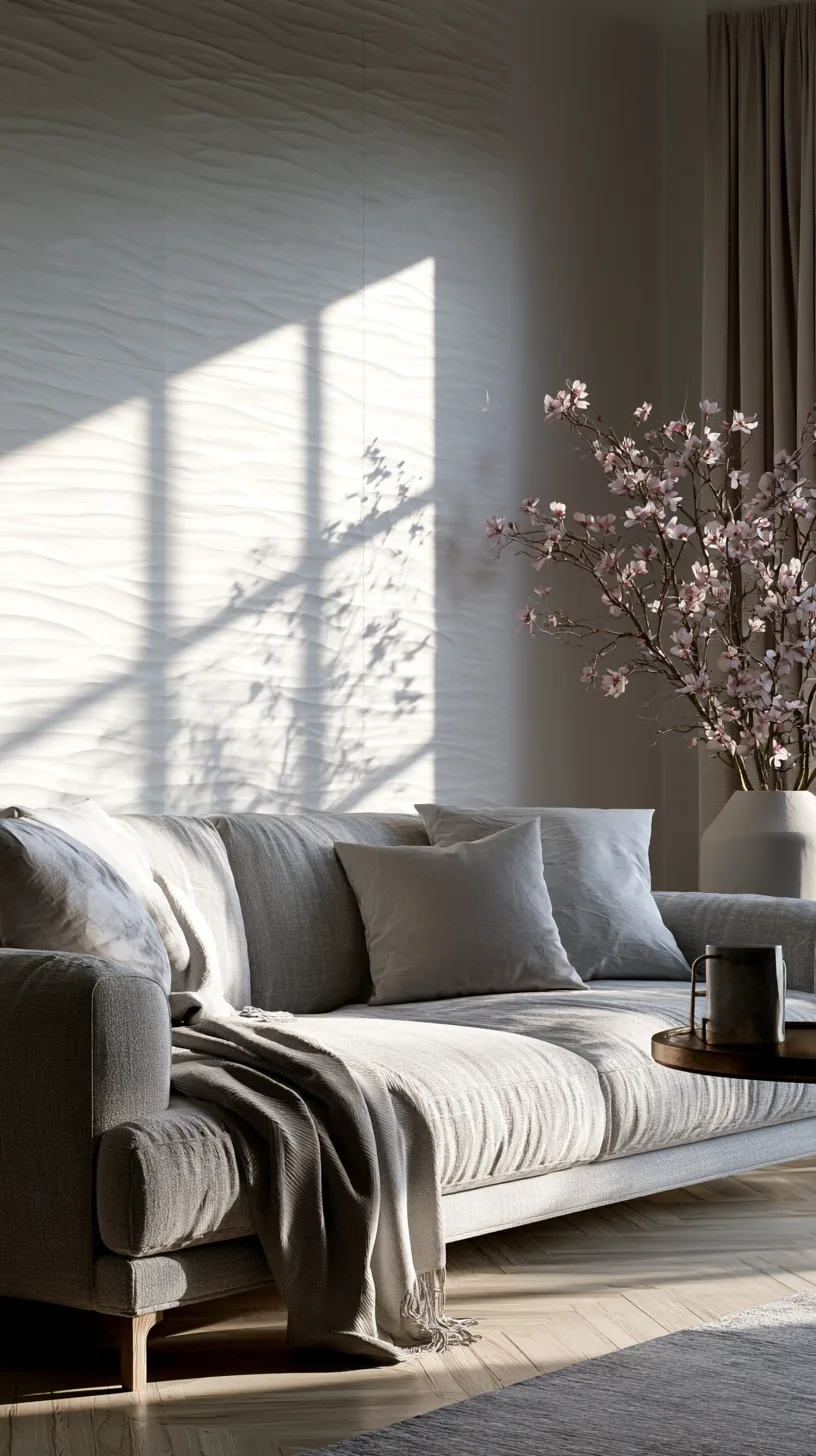 a framed grasscloth textured panel in a grey and white living room, photo 4 of 4