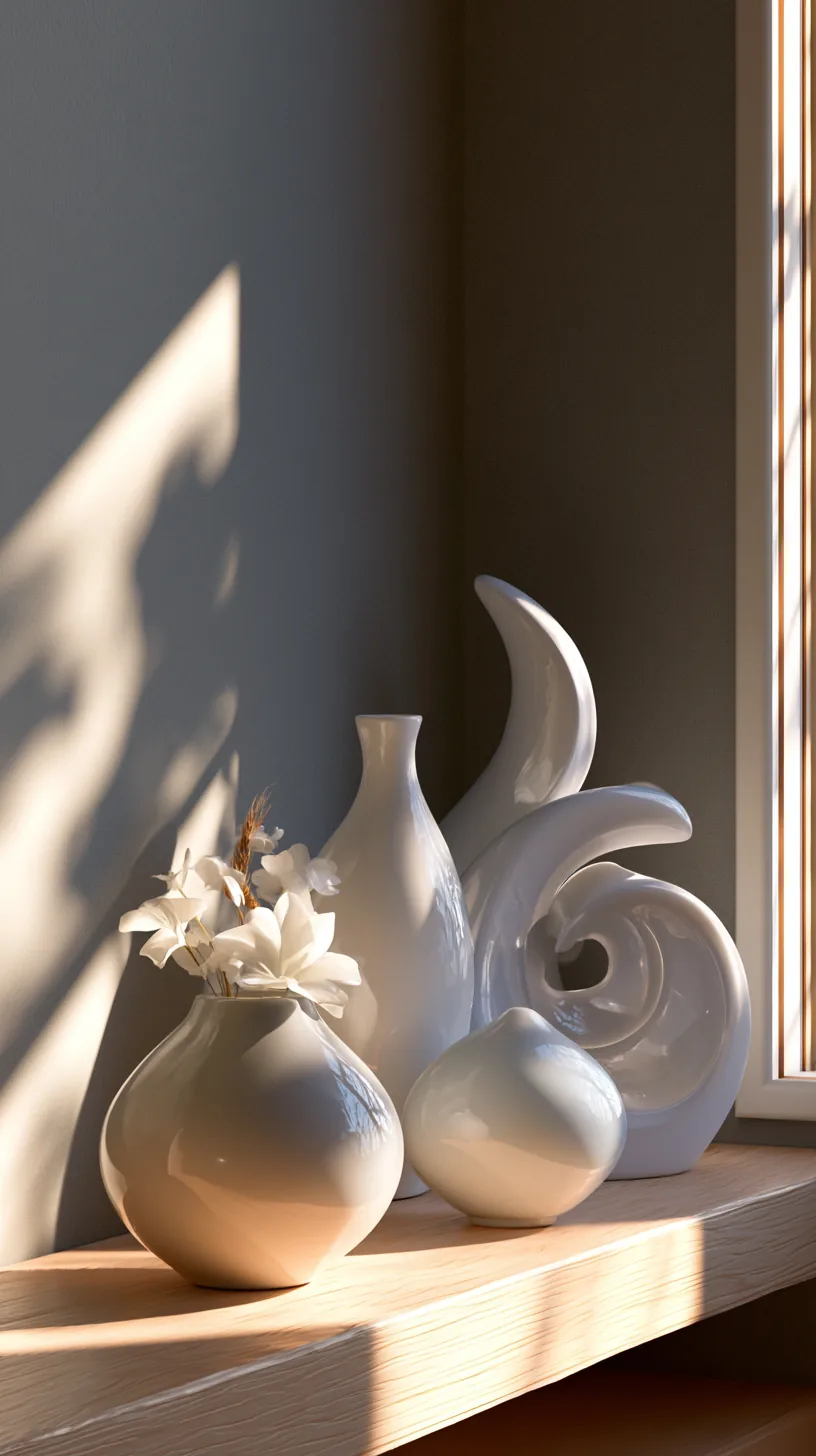 sculptural white bookends and objects styled on a grey and white living room shelf, photo 1 of 4