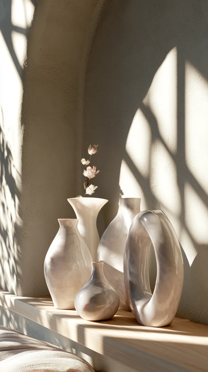 sculptural white bookends and objects styled on a grey and white living room shelf, photo 2 of 4
