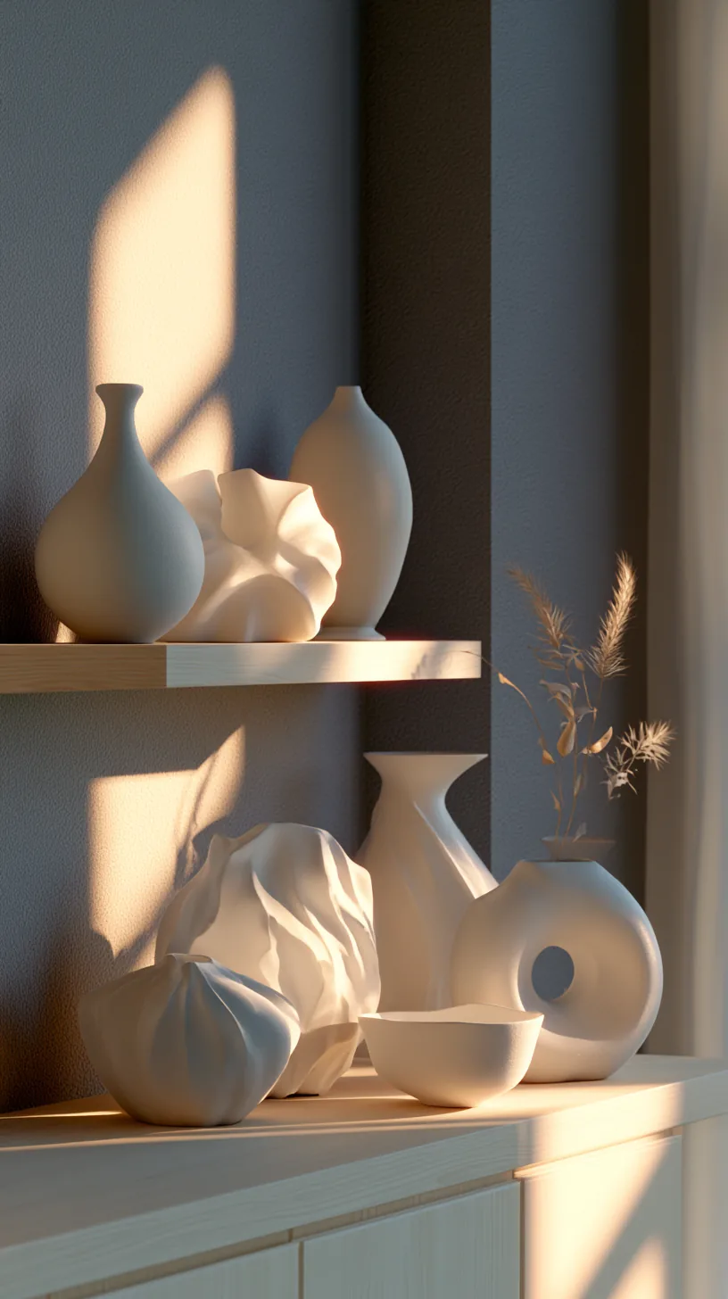 sculptural white bookends and objects styled on a grey and white living room shelf, photo 3 of 4