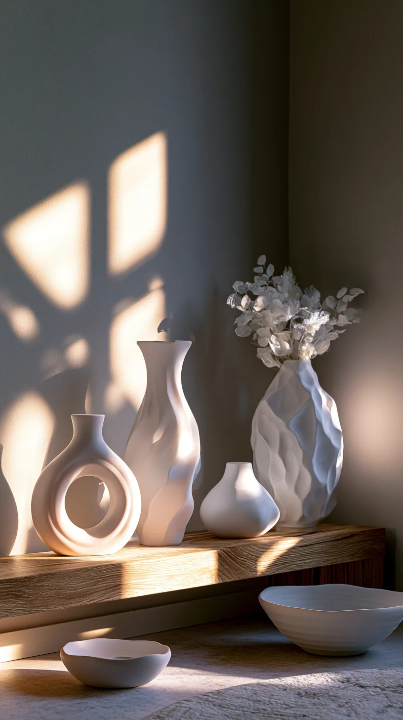 sculptural white bookends and objects styled on a grey and white living room shelf, photo 4 of 4