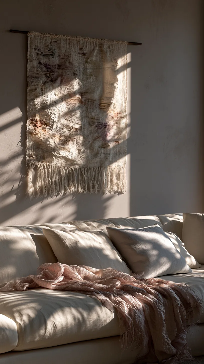a woven textile wall hanging softening a grey and white living room, photo 1 of 4