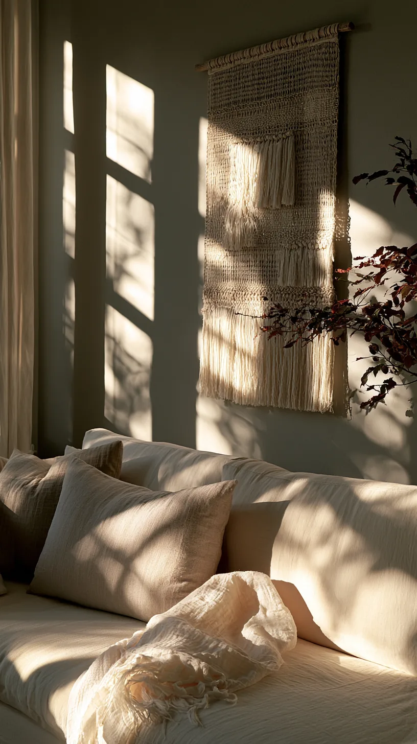 a woven textile wall hanging softening a grey and white living room, photo 2 of 4