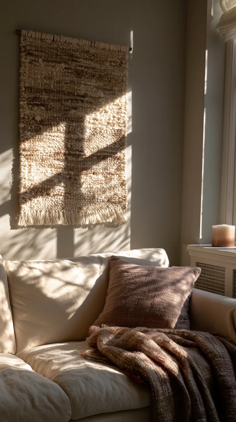 a woven textile wall hanging softening a grey and white living room, photo 3 of 4
