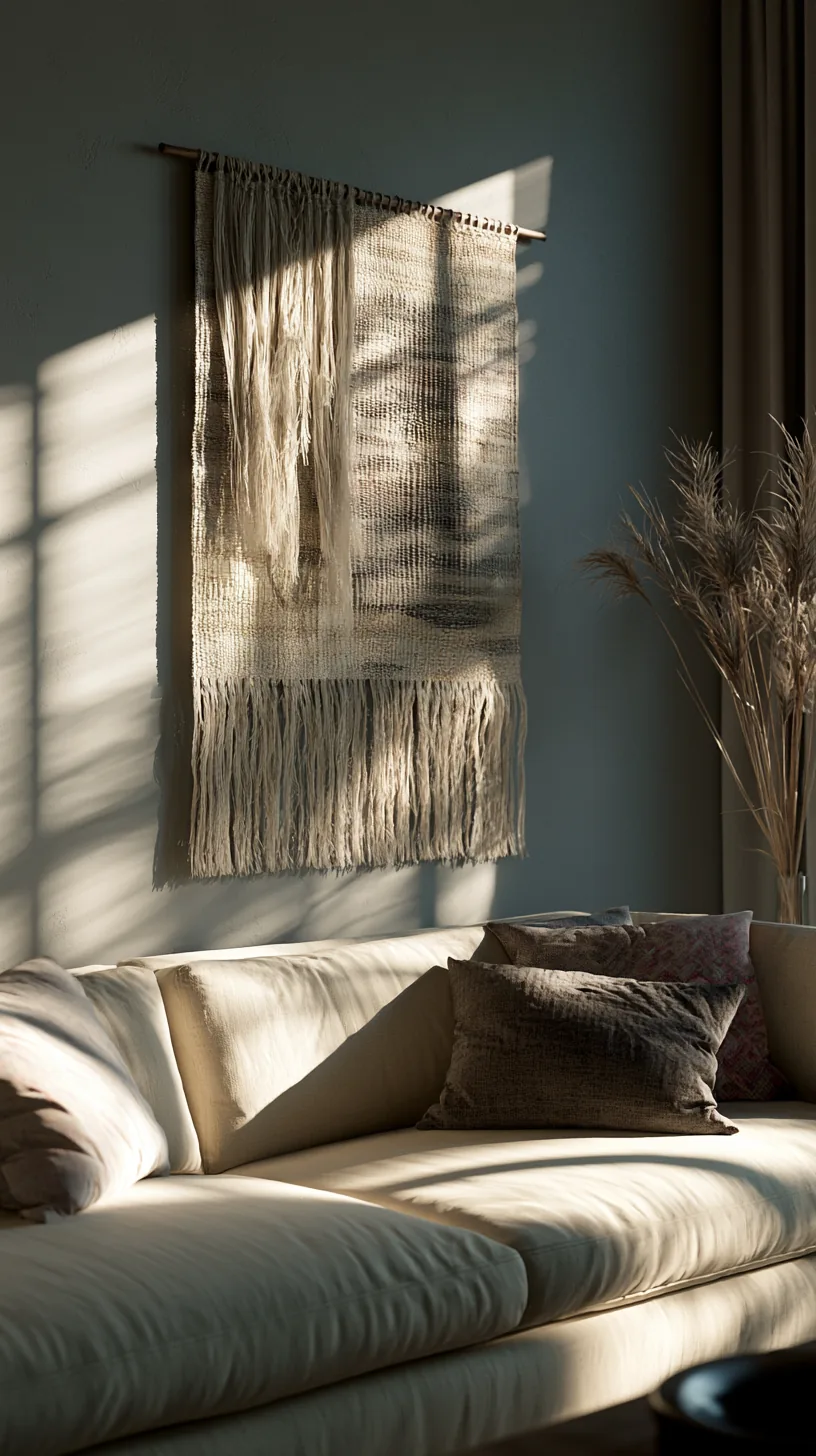 a woven textile wall hanging softening a grey and white living room, photo 4 of 4