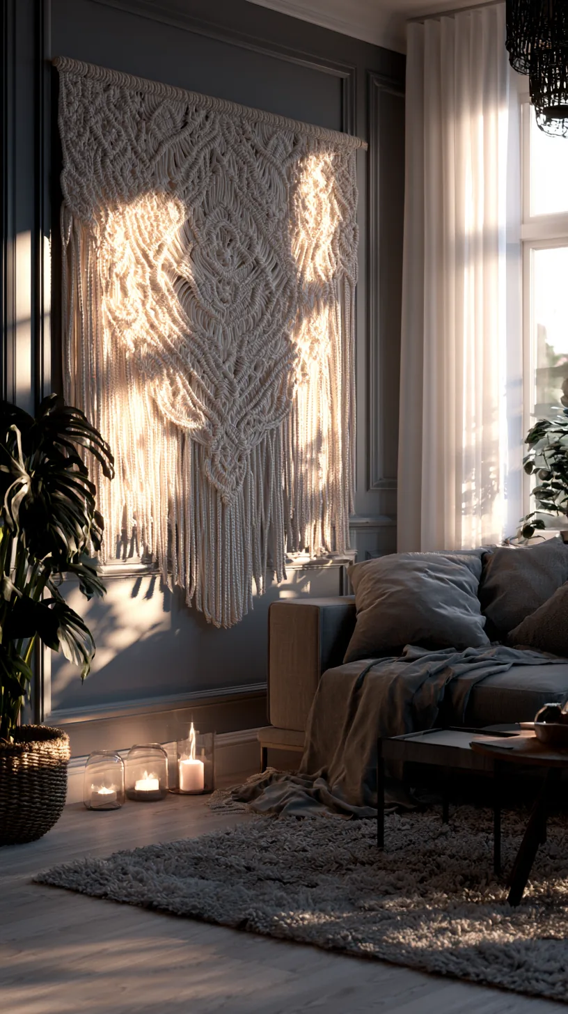 a cream macrame wall hanging in a grey and white living room, photo 1 of 4