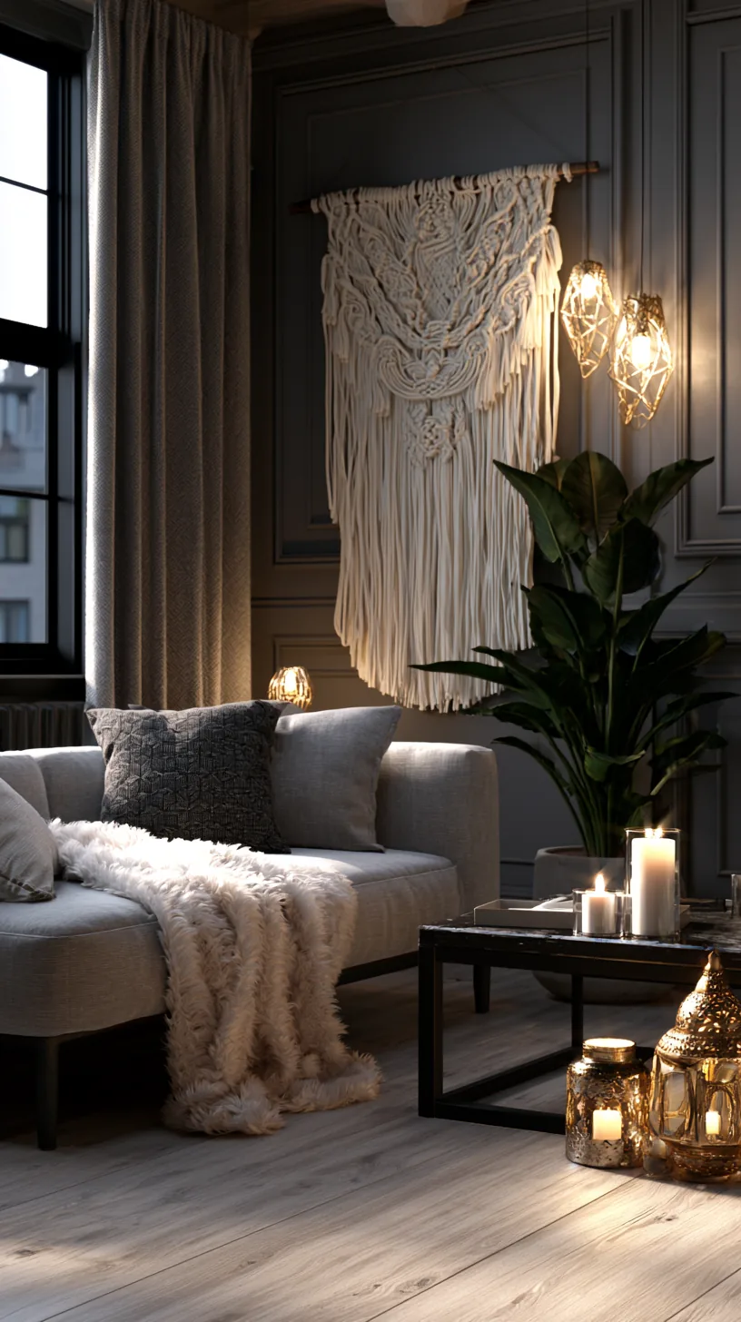 a cream macrame wall hanging in a grey and white living room, photo 2 of 4