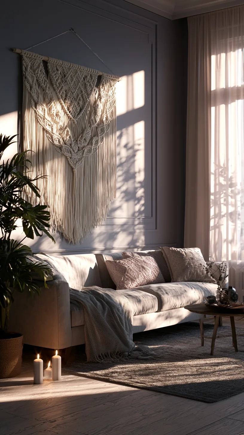 a cream macrame wall hanging in a grey and white living room, photo 4 of 4