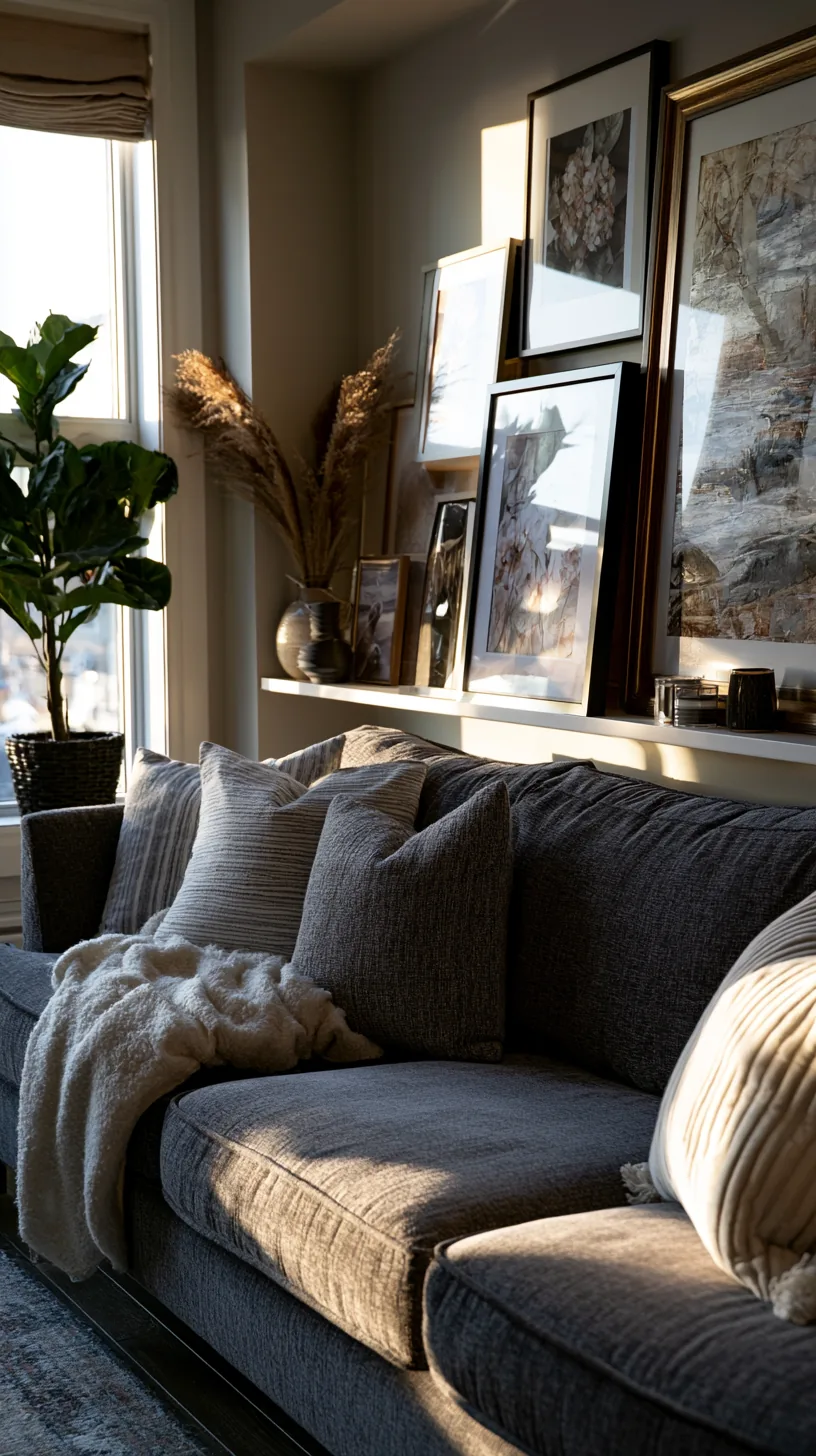 a picture ledge with leaning grey and white art in a living room, photo 1 of 4