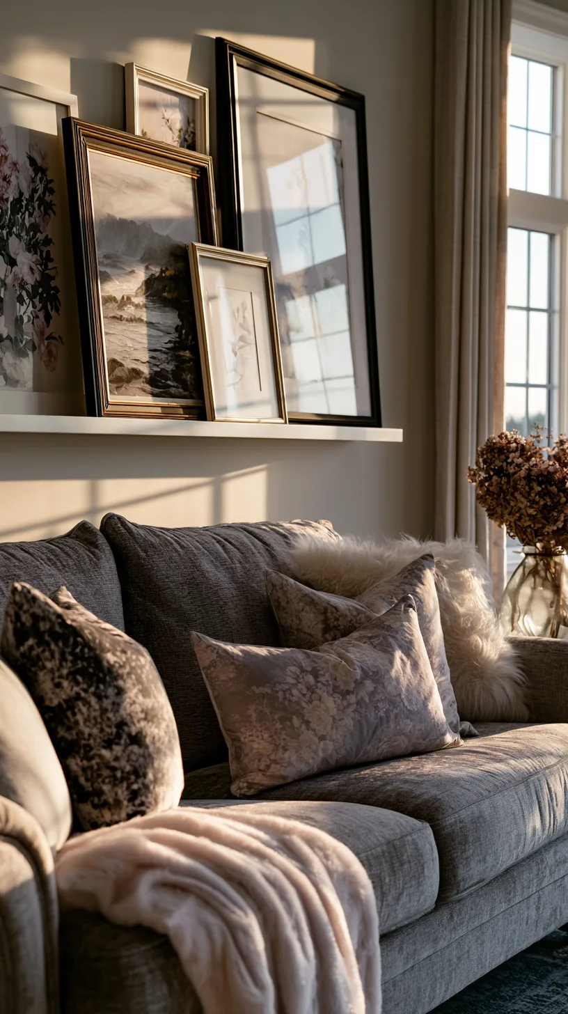 a picture ledge with leaning grey and white art in a living room, photo 2 of 4