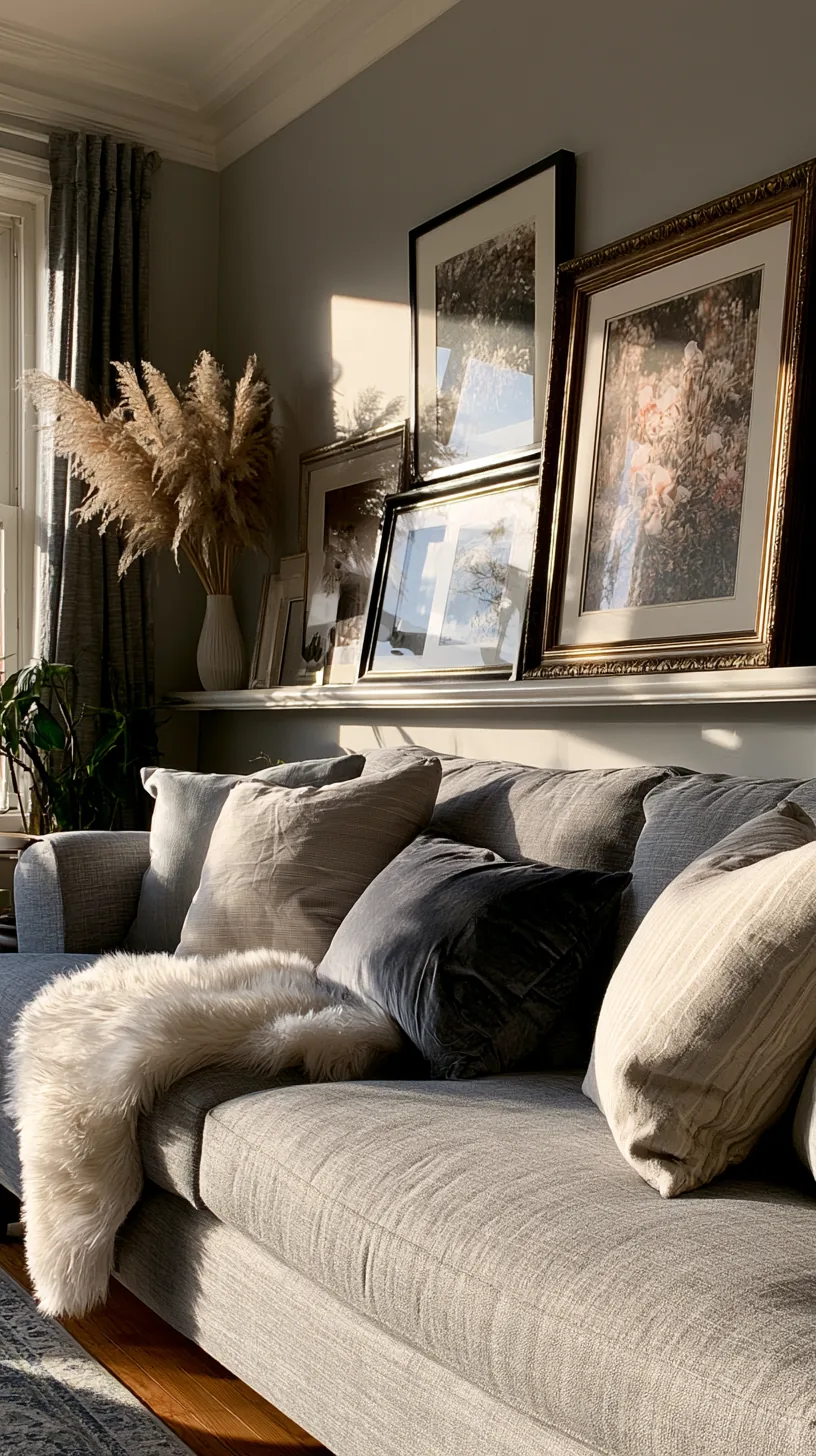 a picture ledge with leaning grey and white art in a living room, photo 3 of 4