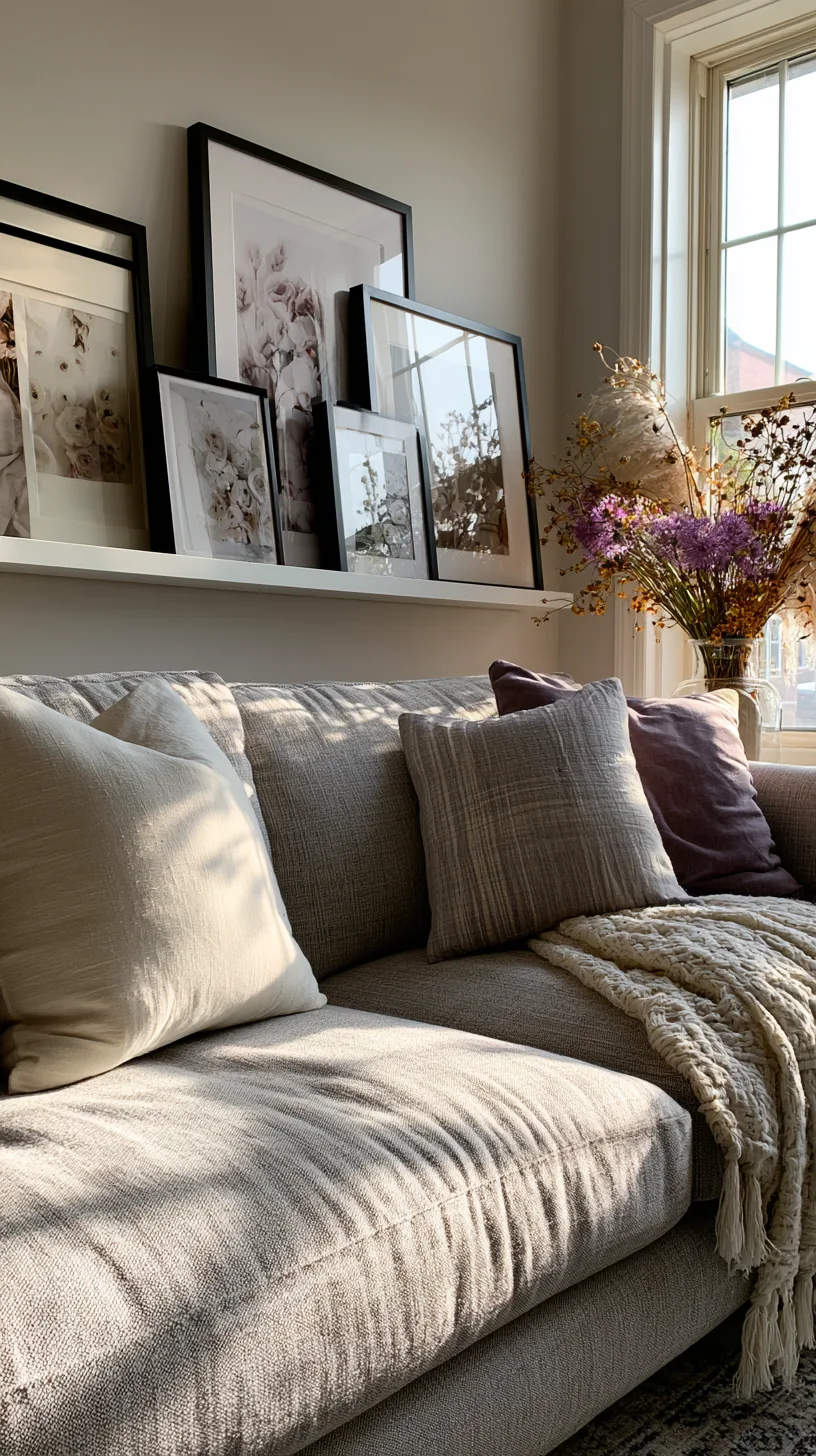 a picture ledge with leaning grey and white art in a living room, photo 4 of 4