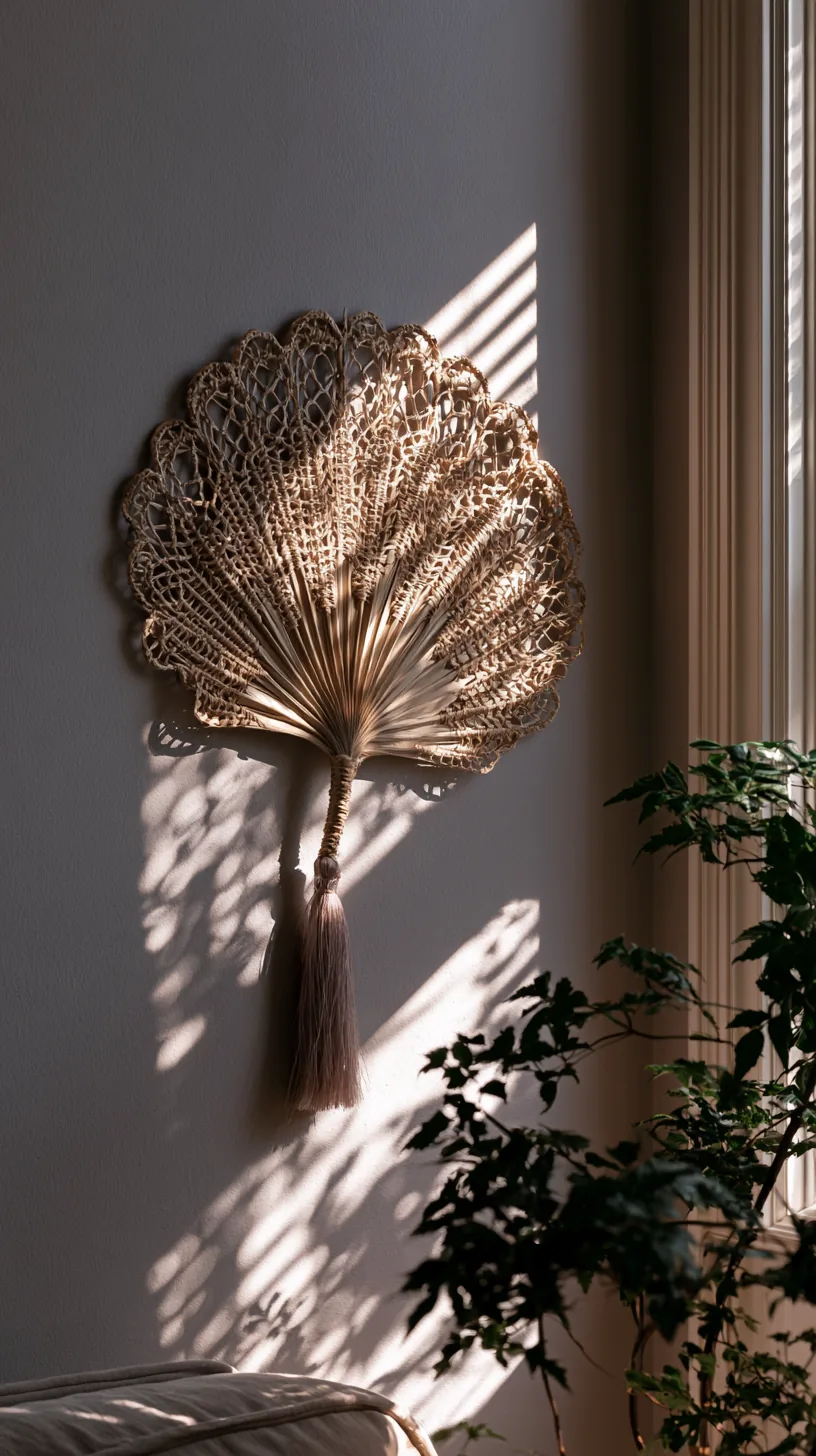 a woven fan wall piece adding texture to a grey and white living room, photo 1 of 4
