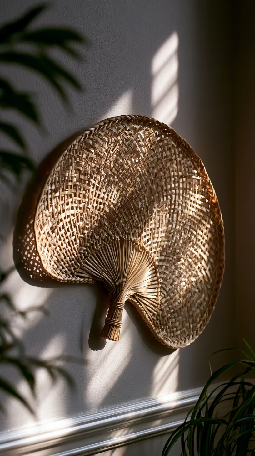 a woven fan wall piece adding texture to a grey and white living room, photo 2 of 4
