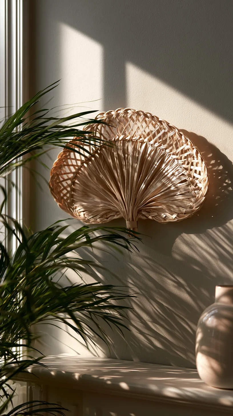 a woven fan wall piece adding texture to a grey and white living room, photo 3 of 4