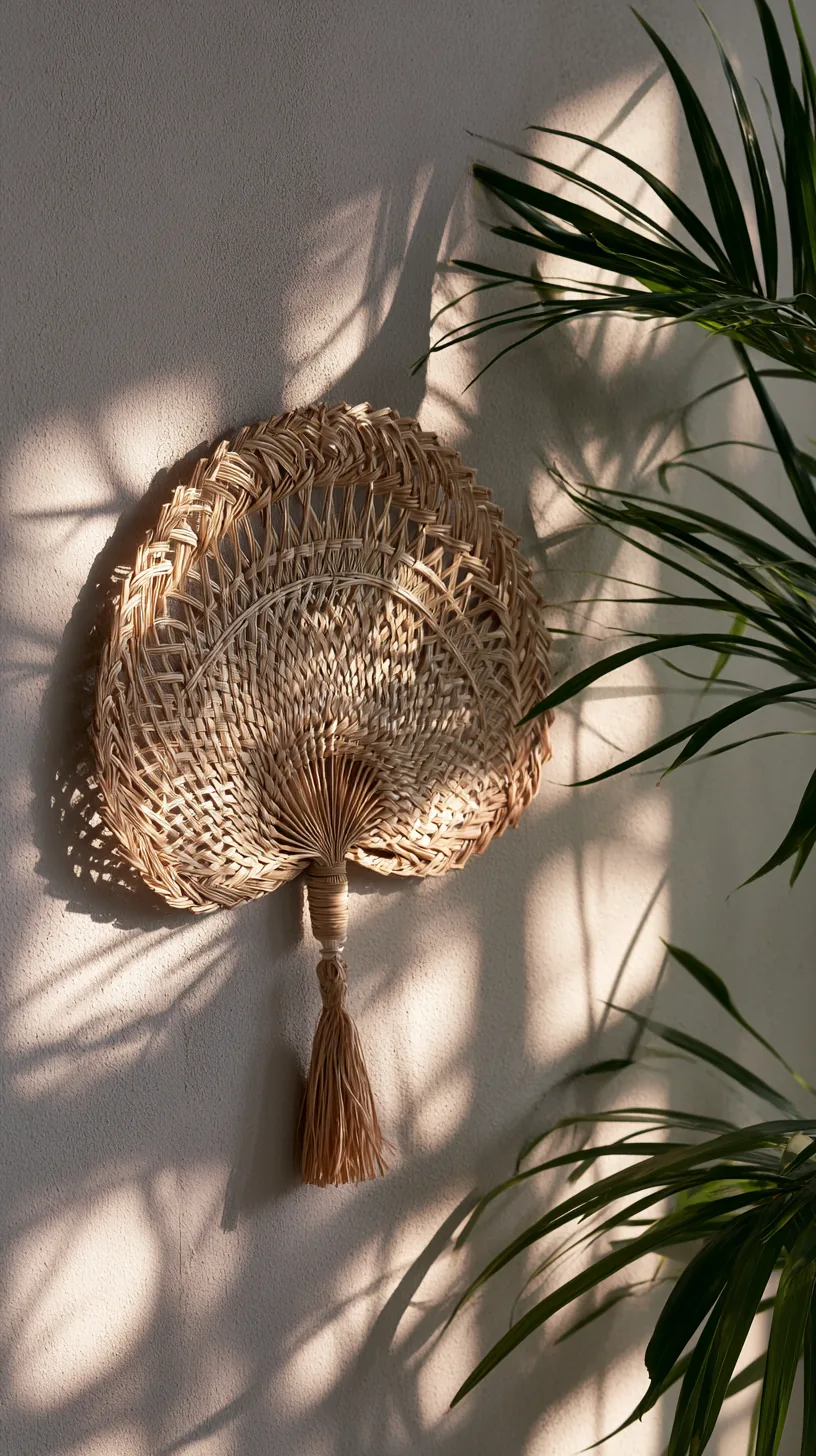 a woven fan wall piece adding texture to a grey and white living room, photo 4 of 4