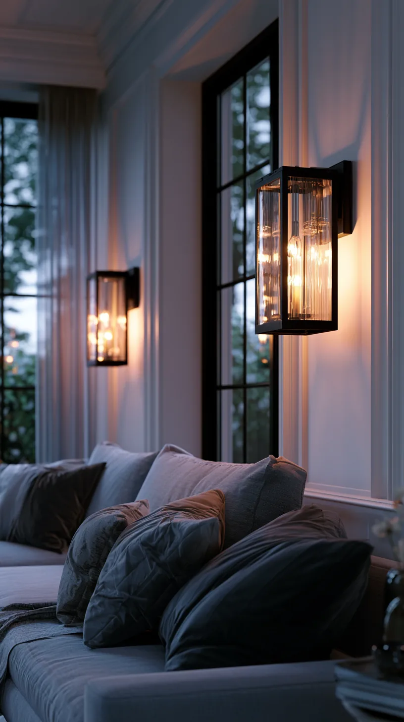a pair of warm wall sconces framing a sofa in a grey and white living room, photo 1 of 4