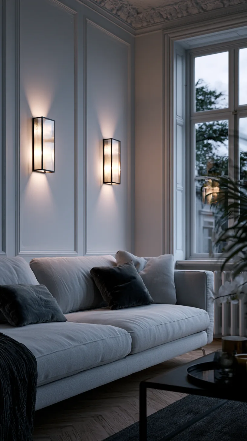 a pair of warm wall sconces framing a sofa in a grey and white living room, photo 2 of 4