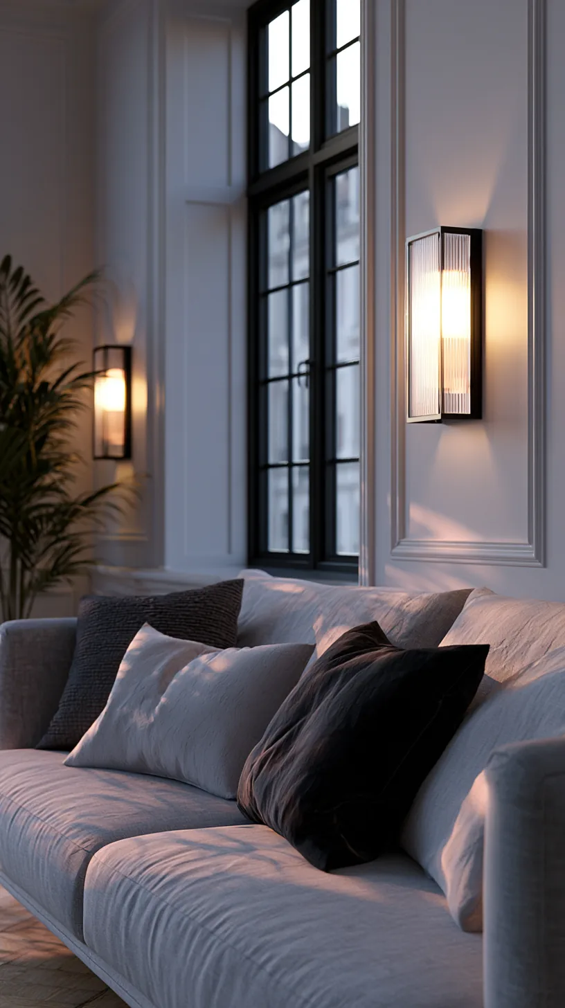a pair of warm wall sconces framing a sofa in a grey and white living room, photo 3 of 4
