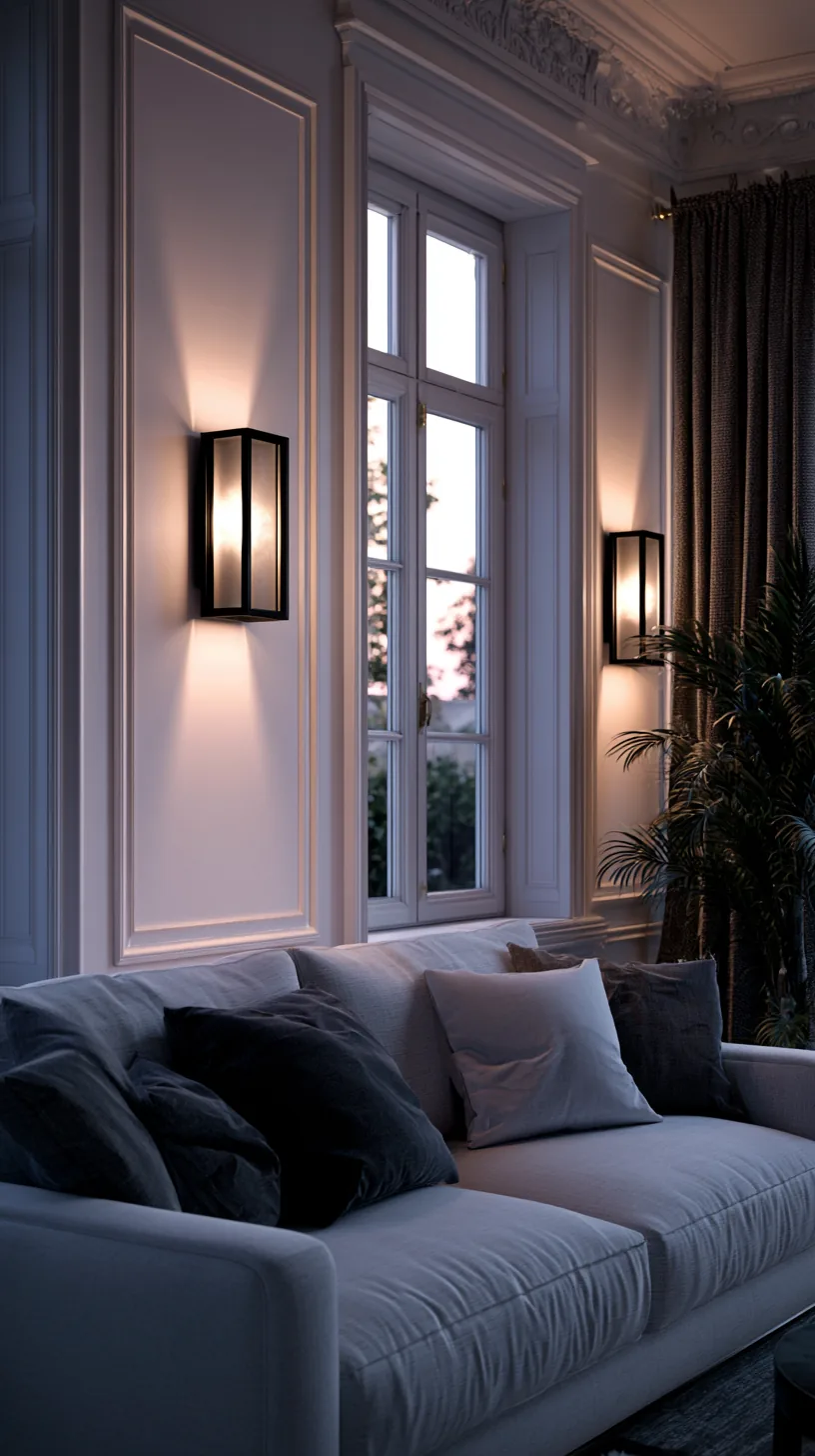a pair of warm wall sconces framing a sofa in a grey and white living room, photo 4 of 4