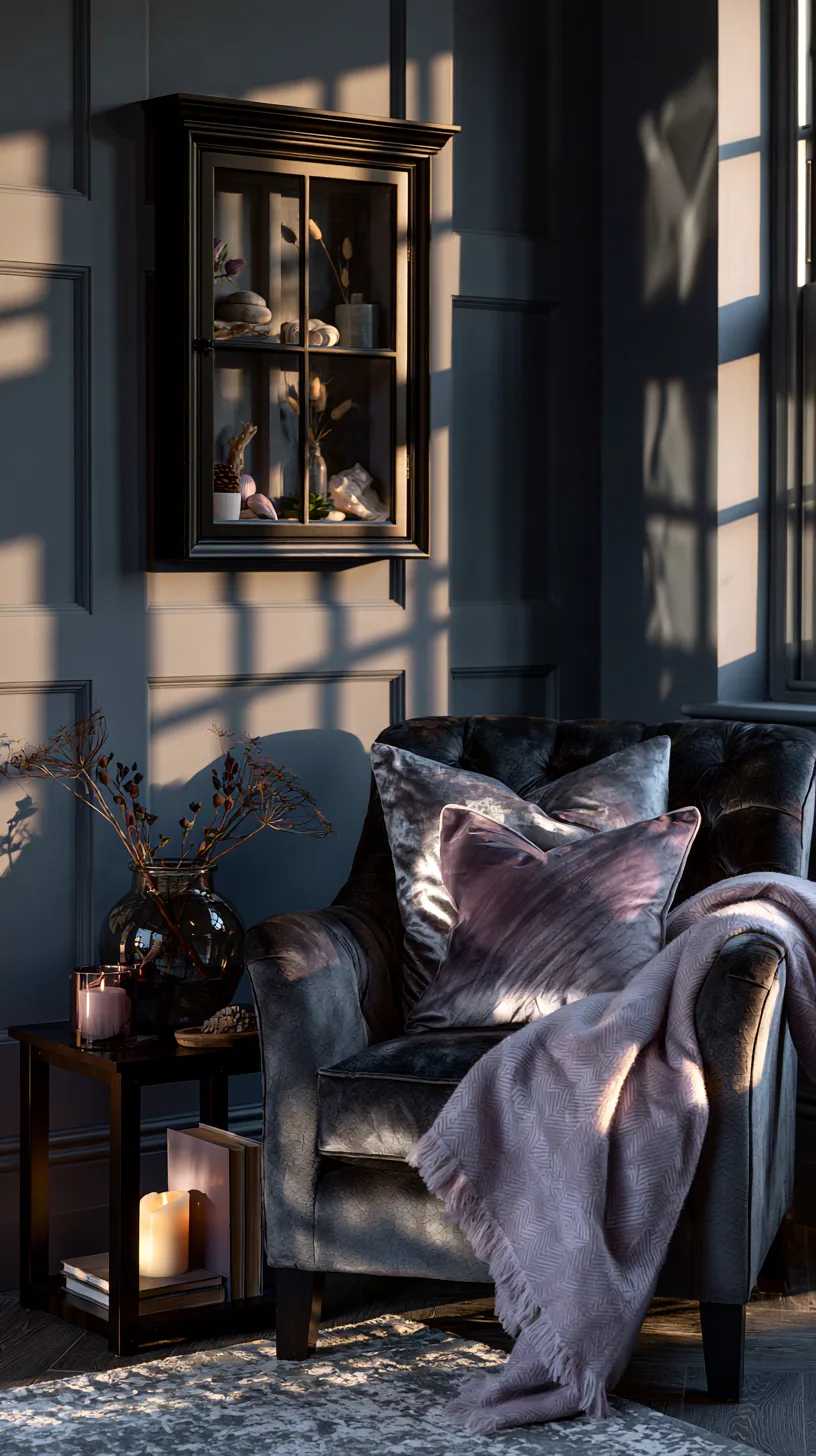 a shadow box vignette of keepsakes in a grey and white living room, photo 1 of 4
